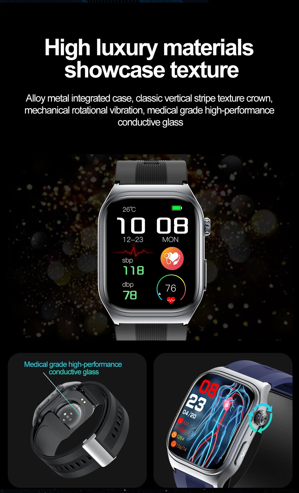 Black Smart Watch for ECG Blood Pressure and Lipids
