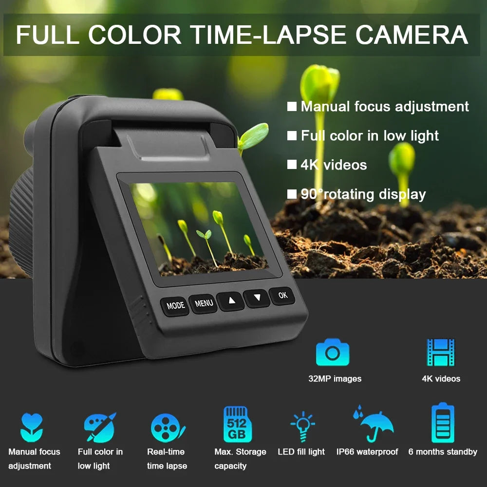 32MP 4K Outdoor Time-Lapse Camera with Rotating Screen