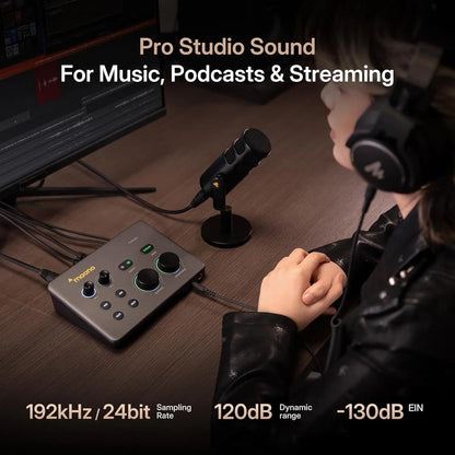 Dual XLR USB Audio Interface Mixer 56dB Gain for Podcasting