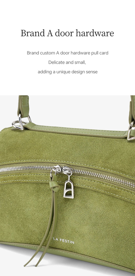 Elegant Beige Suede Handbag with Adjustable Strap