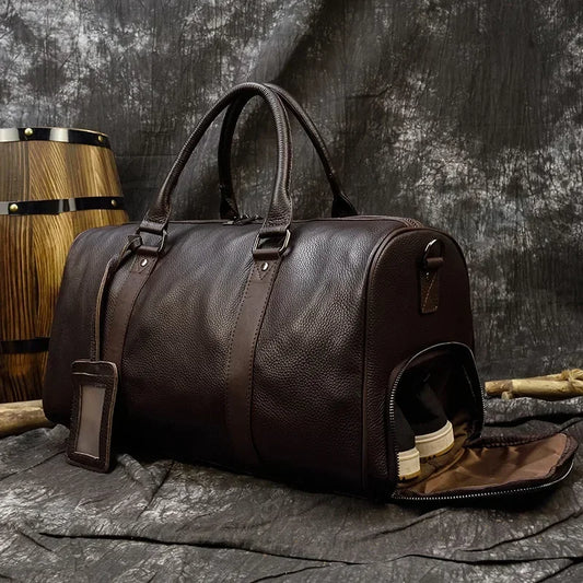 Luxury Leather Carry On Weekend Bag Dark Brown