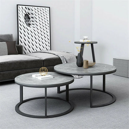 2-in-1 Round Marble Side Table Set Metal Frame Design
