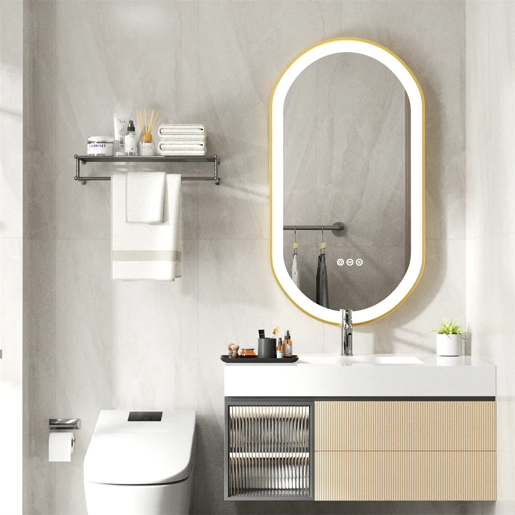 100x50cm Gold Frame Oval Mirror with LED & Demister