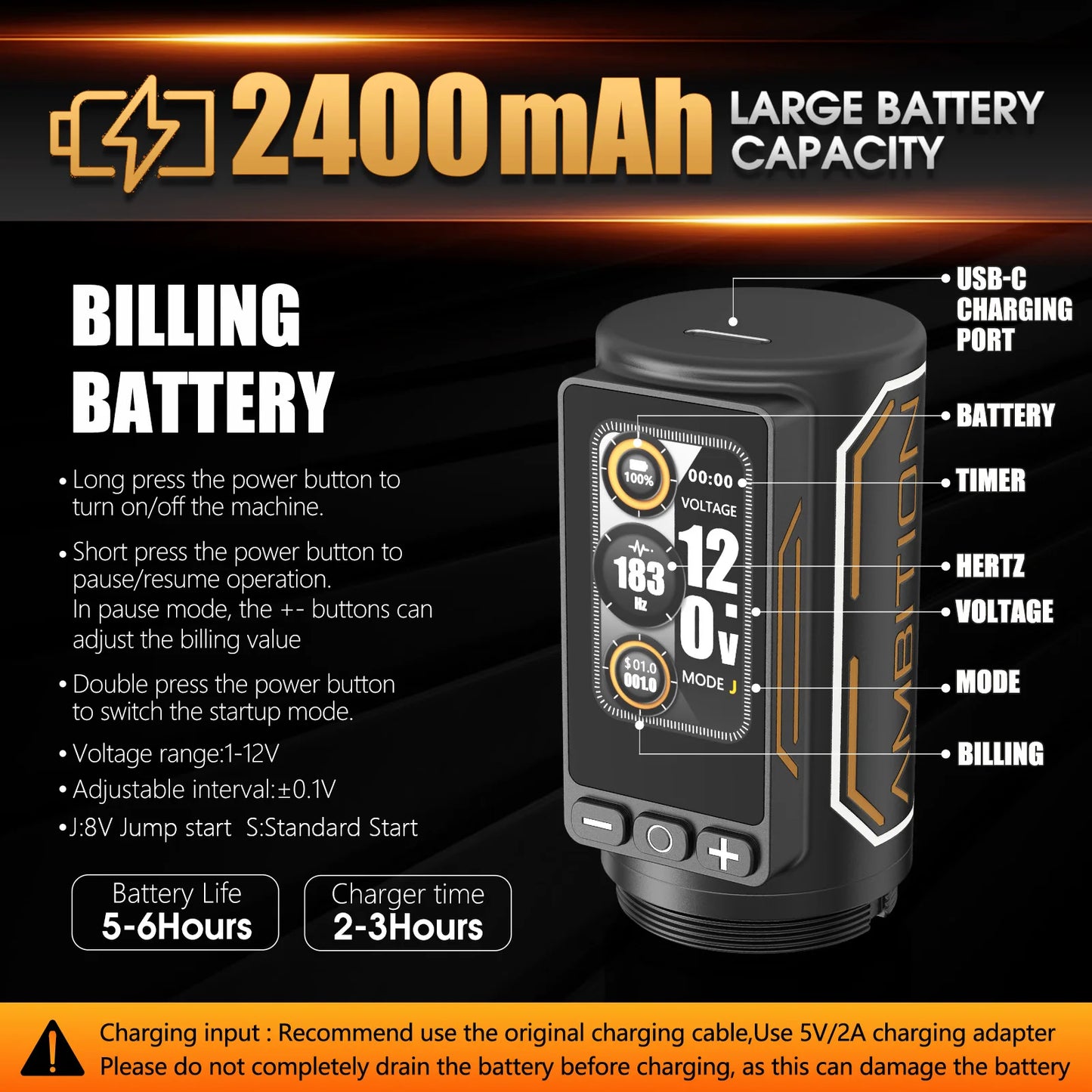 Portable Tattoo Pen Black 2400mAh Battery
