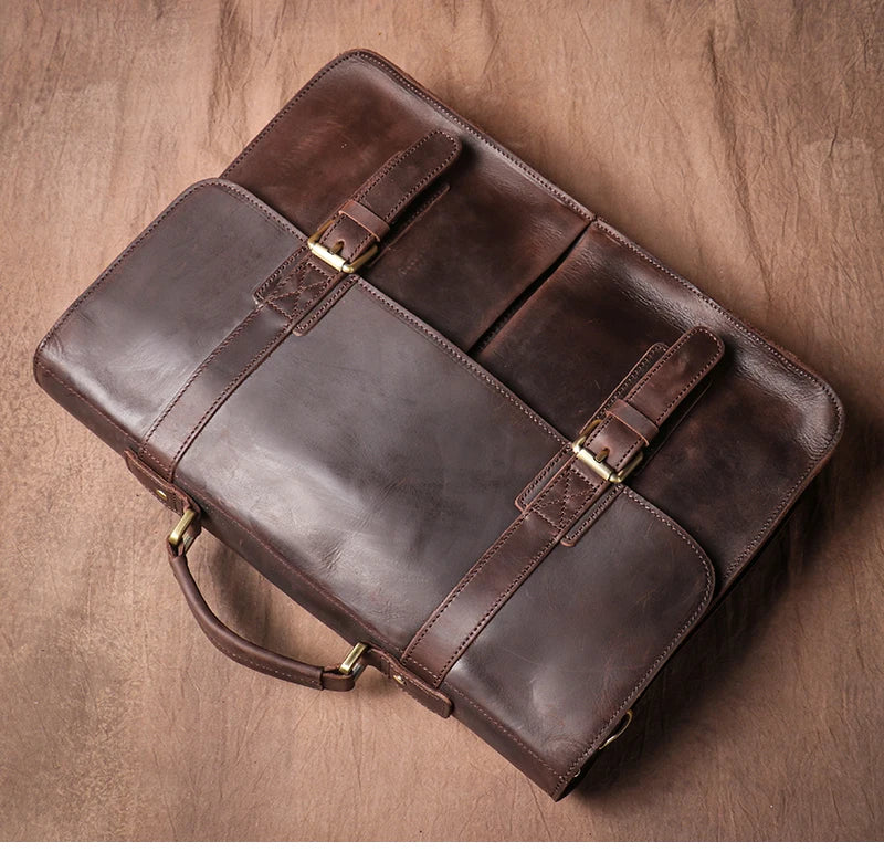 Vintage Leather Messenger Bag 14" Laptop Briefcase Coffee
