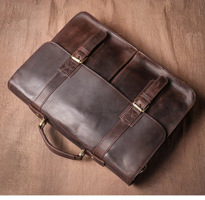 Vintage Leather Messenger Bag 14" Laptop Briefcase Coffee