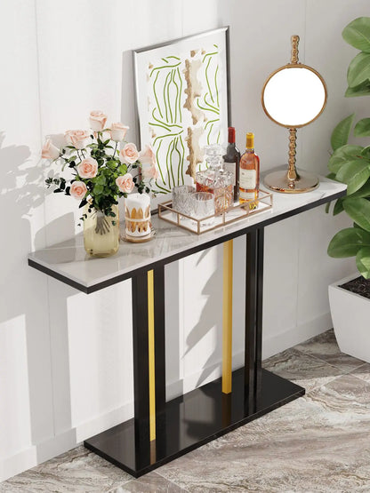 Narrow Stone Top Console Table with Pedestal Base