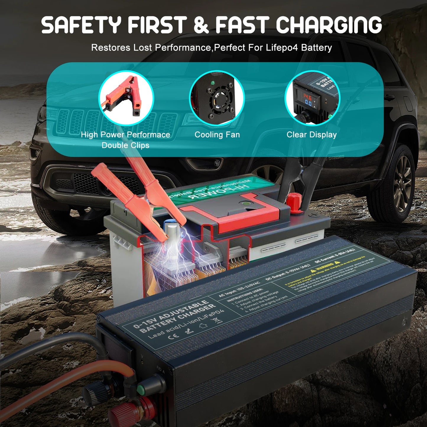 12V 100A Lifepo4 Battery Charger with Clip Quick Charge