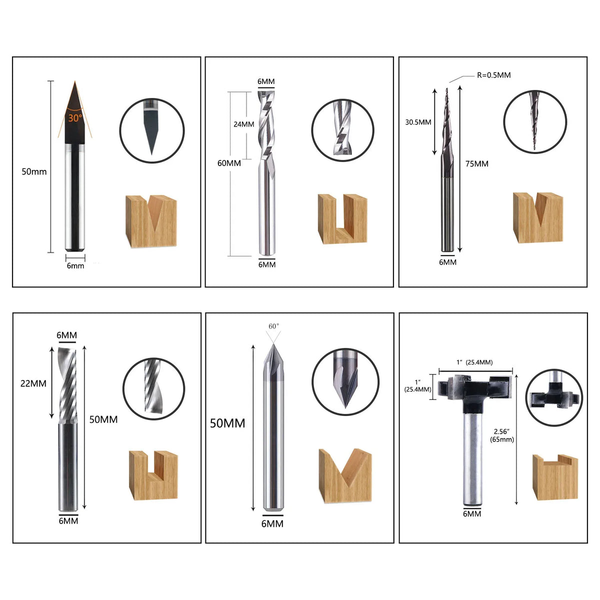 7-Piece 6mm Shank Carbide Router Bit Set for Woodworking