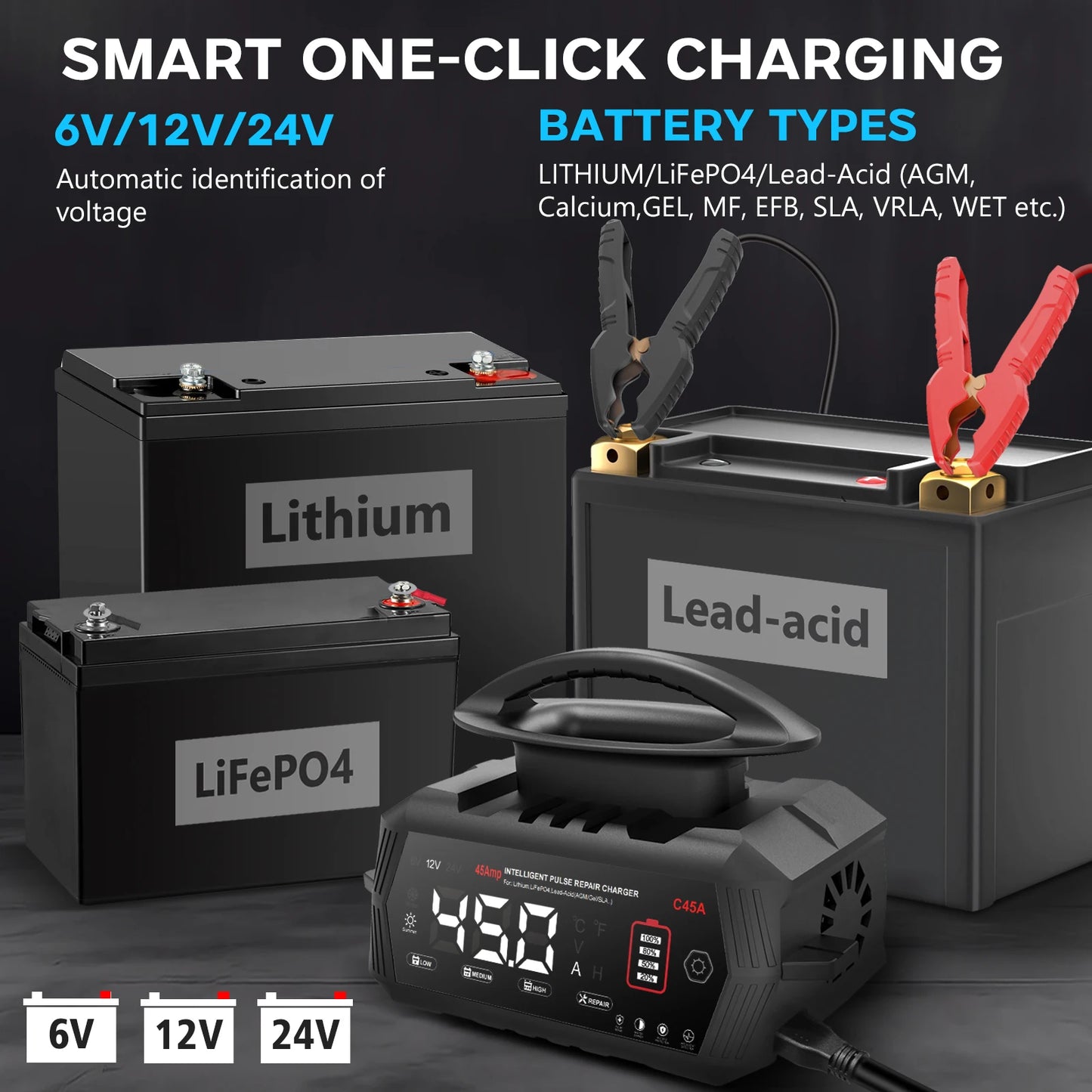 Portable Car and Motorcycle Battery Charger with Repair Function