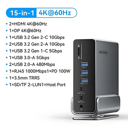 USB-C Hub with Base 15in1 4K 60Hz Triple Monitor Dock