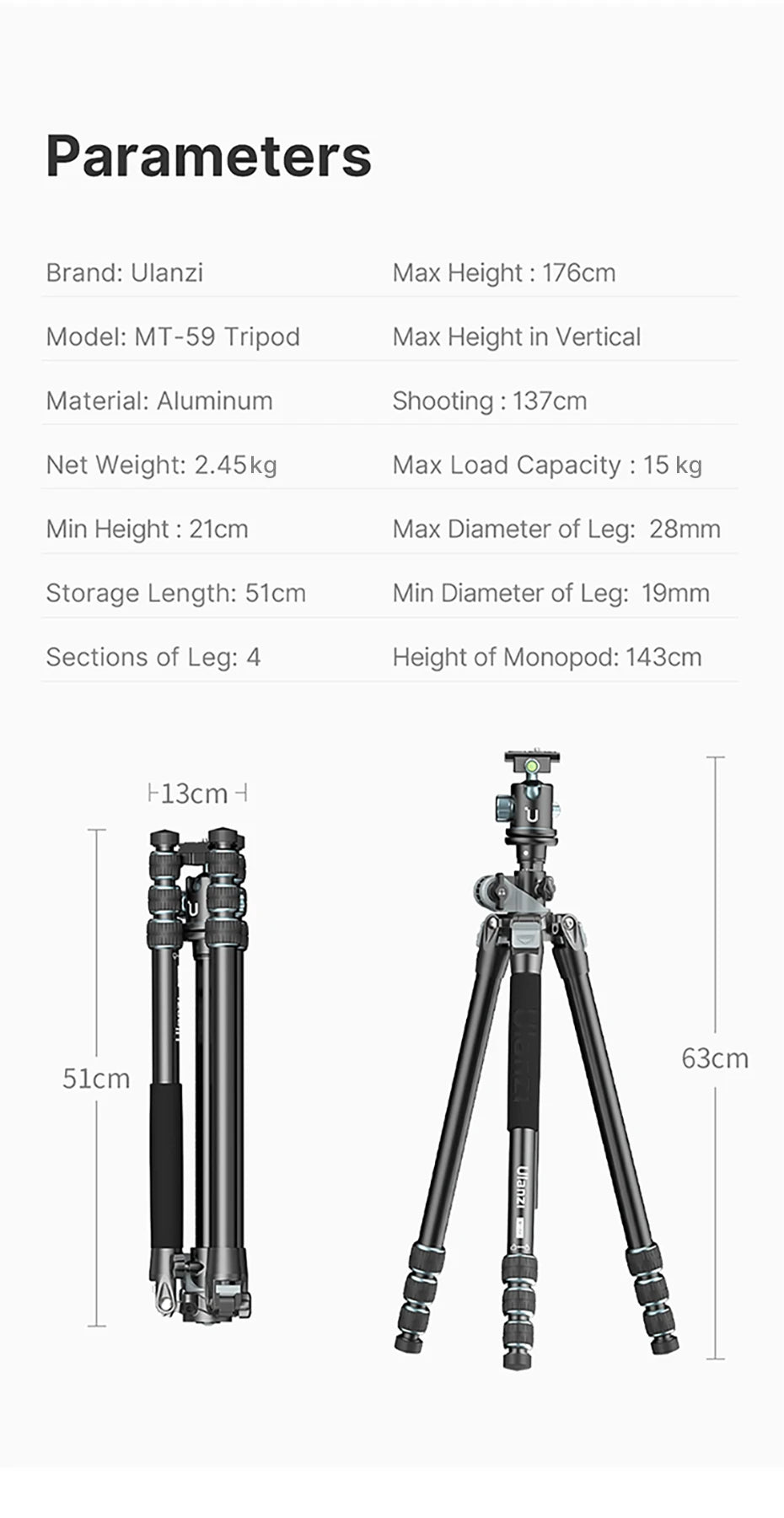 1.76m Aluminum Camera Tripod Monopod 15kg Load Arca Plate