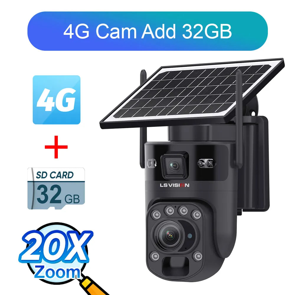 4G Solar PTZ Security Camera 6K 12MP 20X Zoom 32GB Black