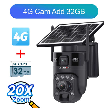 4G Solar PTZ Security Camera 6K 12MP 20X Zoom 32GB Black