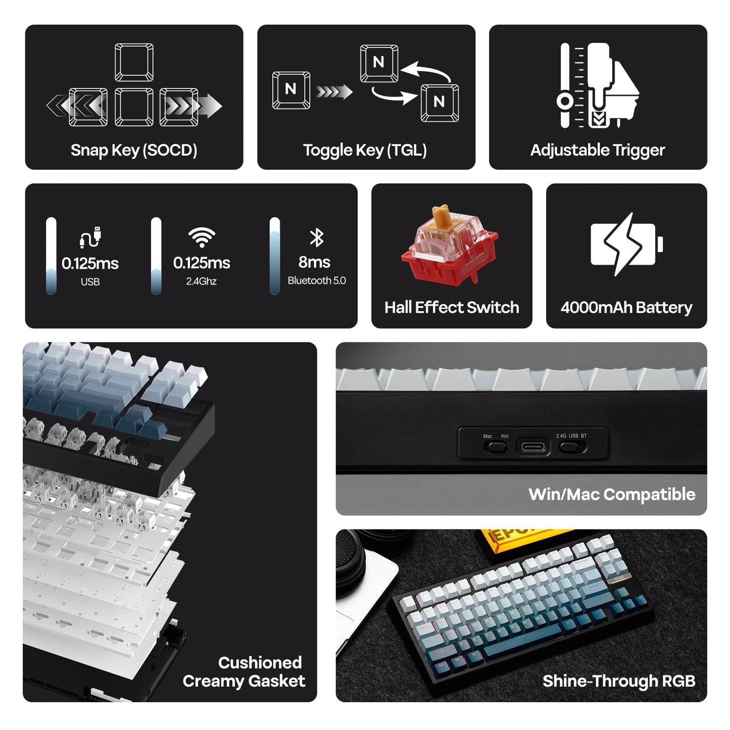 75% Hall Effect Mechanical Keyboard 8K Wireless 8000mAh