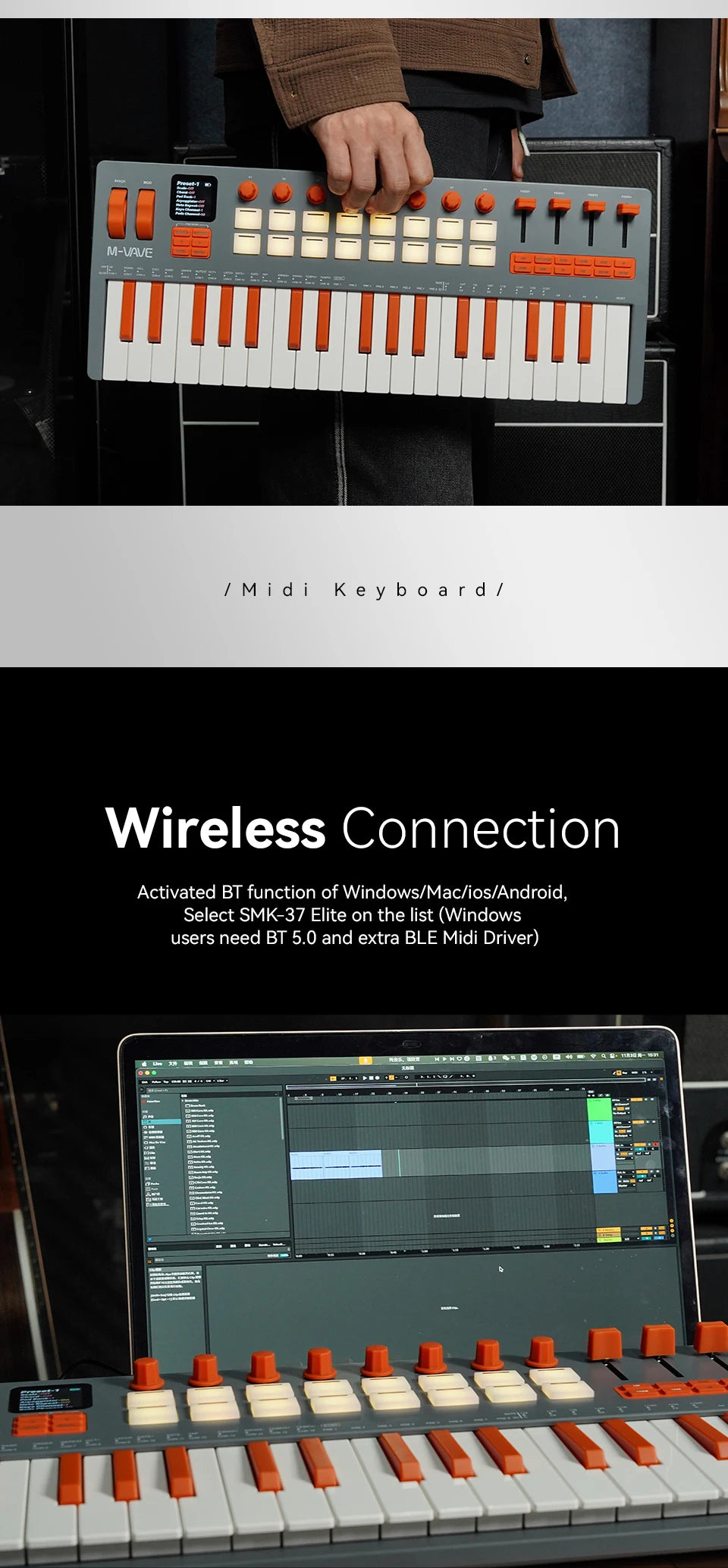 37 Key Wireless MIDI Keyboard Controller