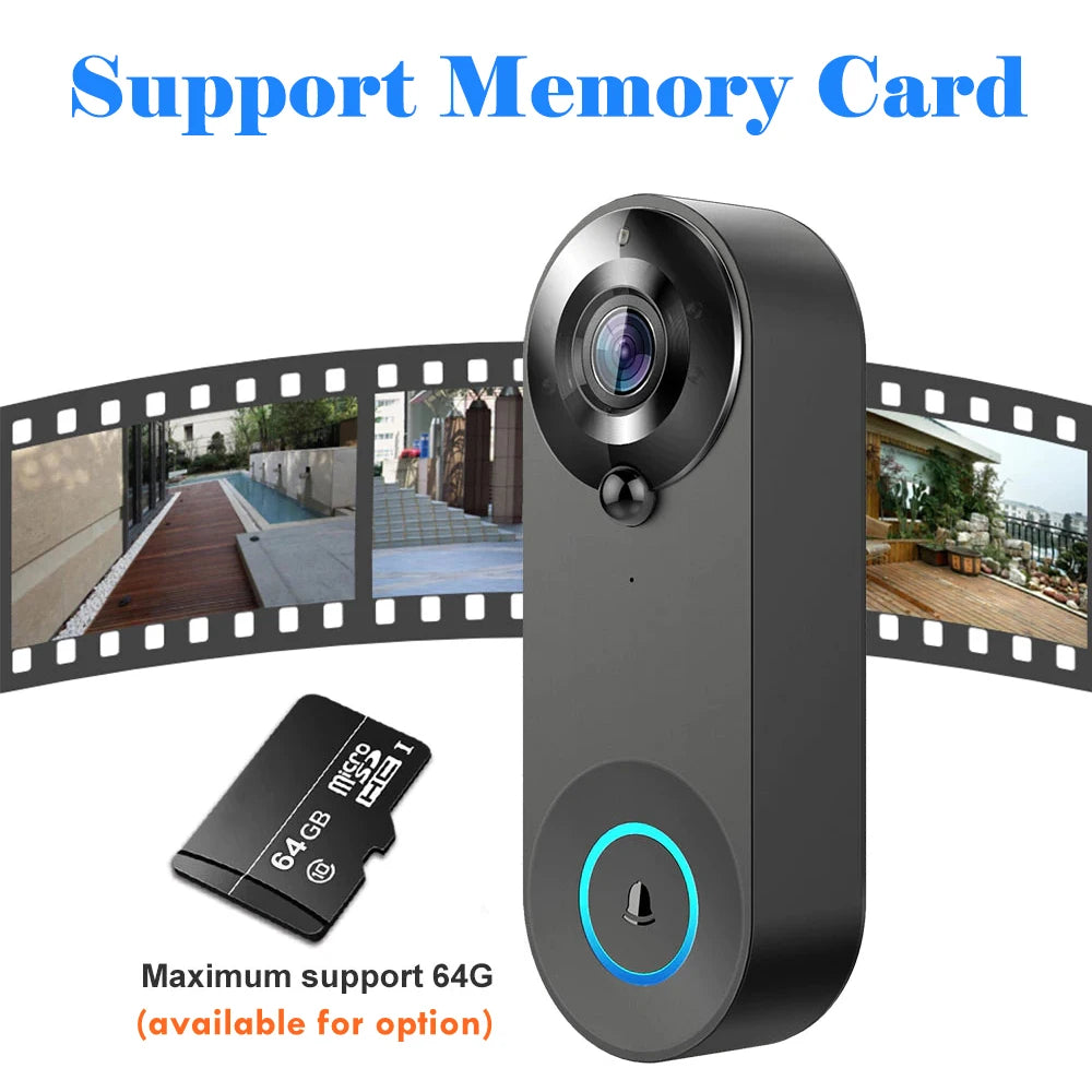 Wireless 1080P Black Doorbell Camera with 64GB Storage