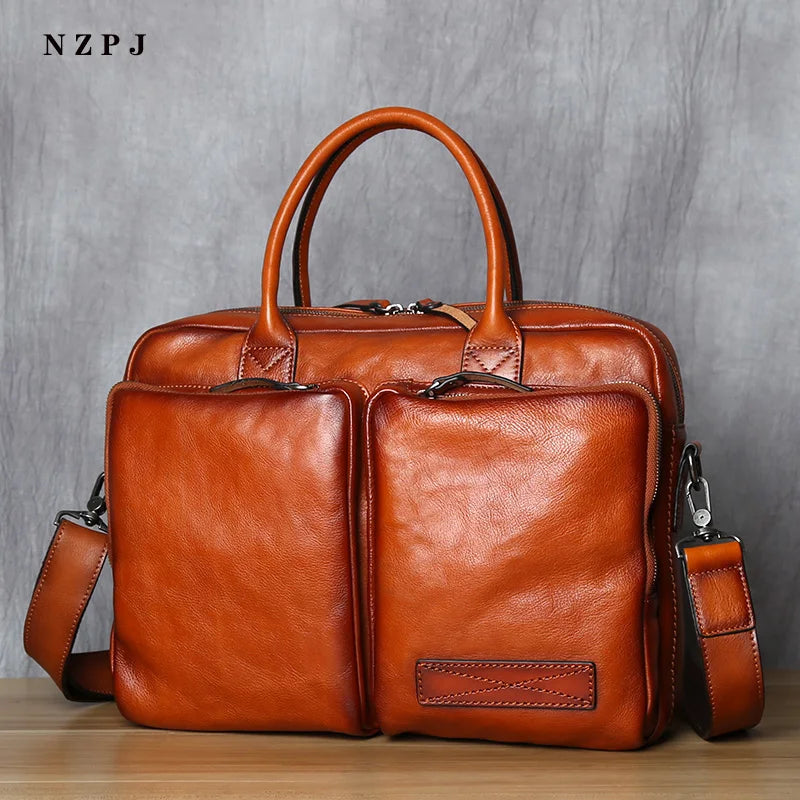 Vintage Leather Shoulder Bag Laptop Briefcase Brown