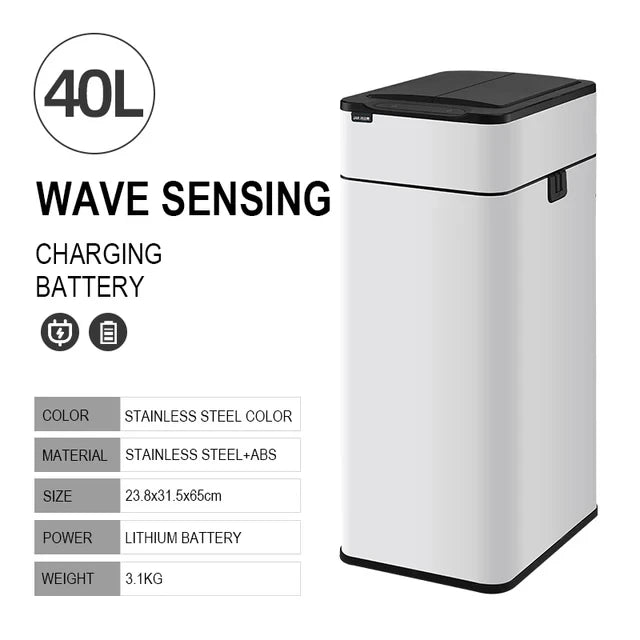 40L Smart Sensor Trash Can White Automatic Lid