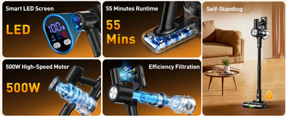 Self-Standing Cordless Vacuum 55Kpa 55Mins Battery with Wall Mount