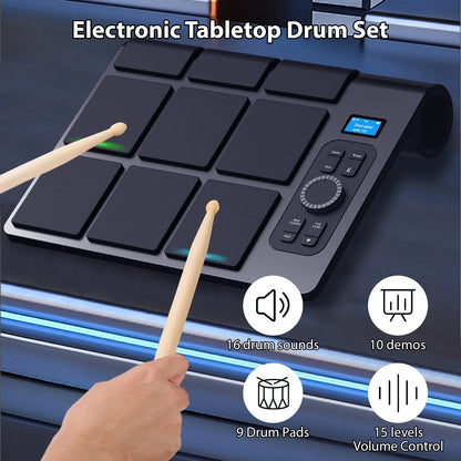 Electronic Tabletop Drum Set with 9 Pads & Bluetooth