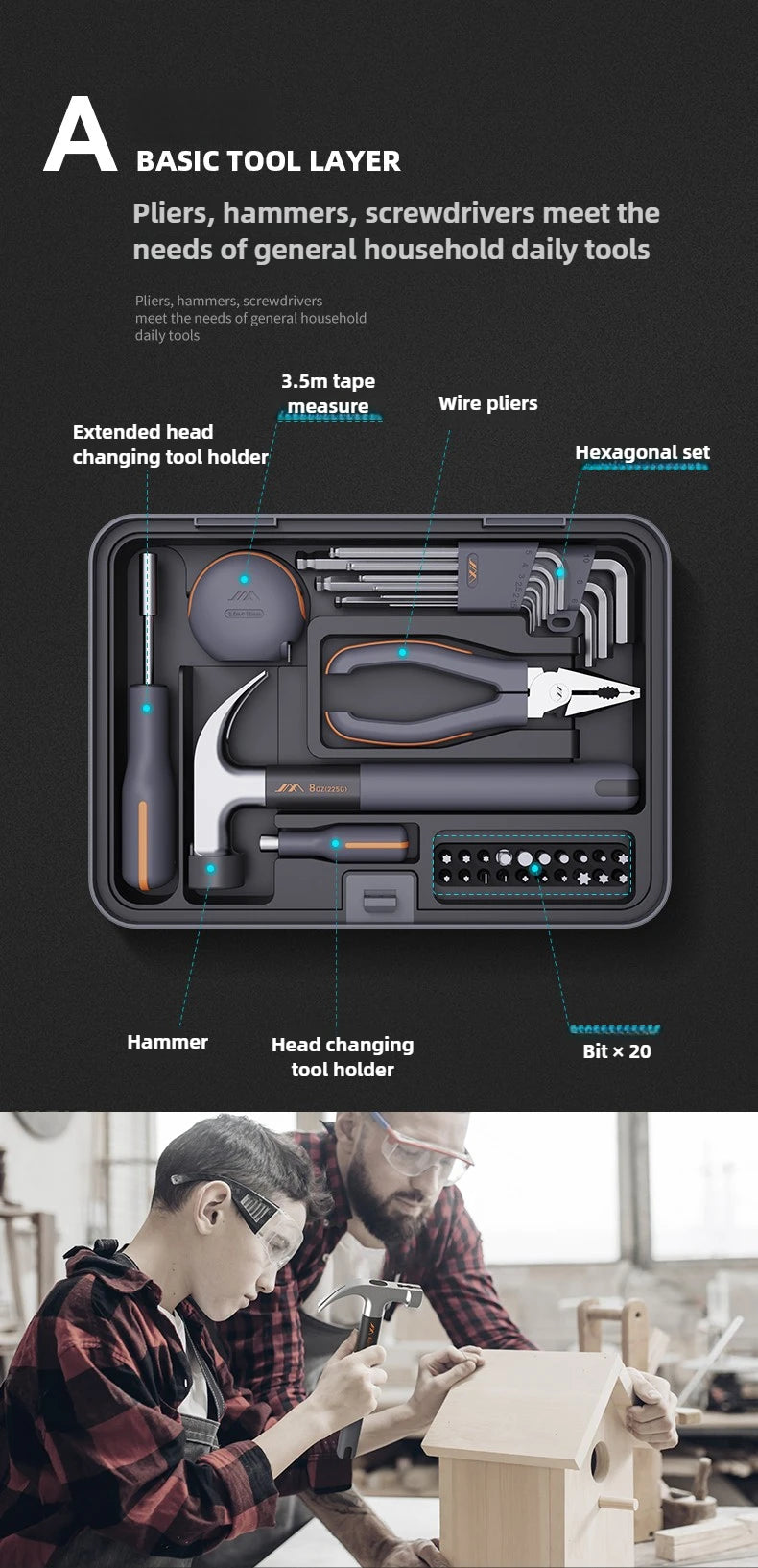 Multi-Purpose Hand Tool Set with Stackable Tool Box