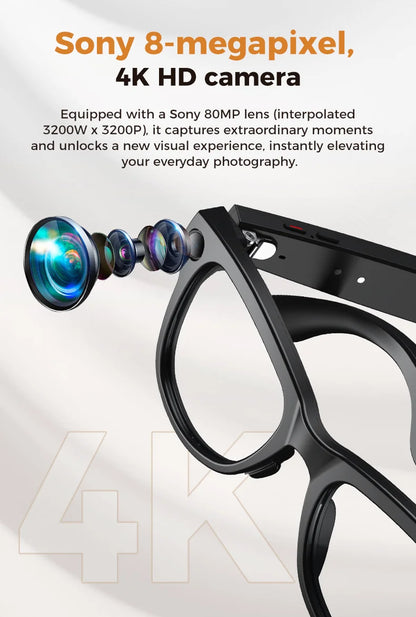 Black Smart Glasses Blue Light 3600mAh Camera