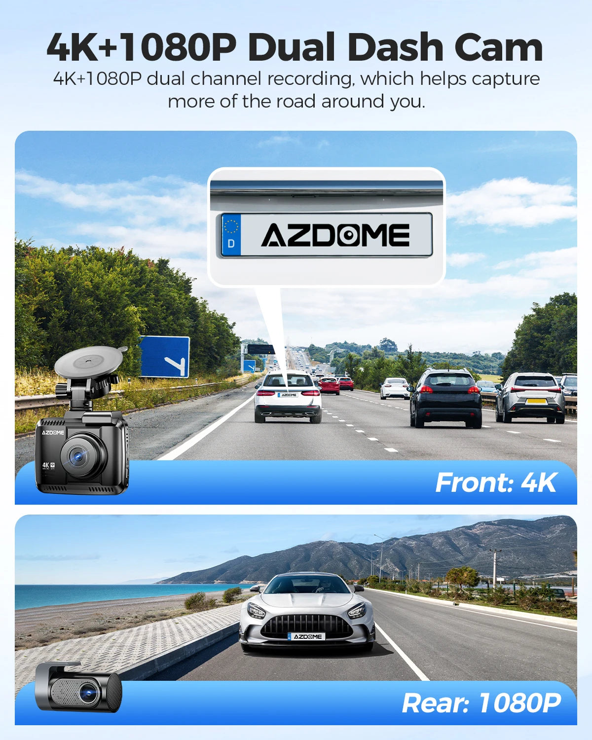 4K Dual Dash Cam ADAS GPS WiFi 64GB Card