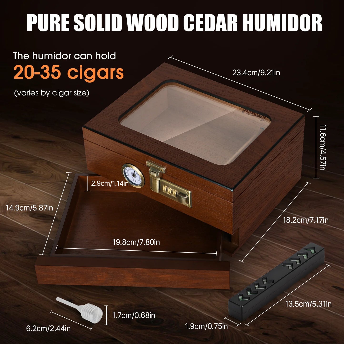 Black Cedar Humidor with Accessories Drawer and Front Hygrometer