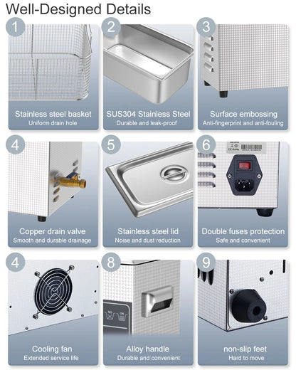 10L Portable Ultrasonic Bath with Heating Function