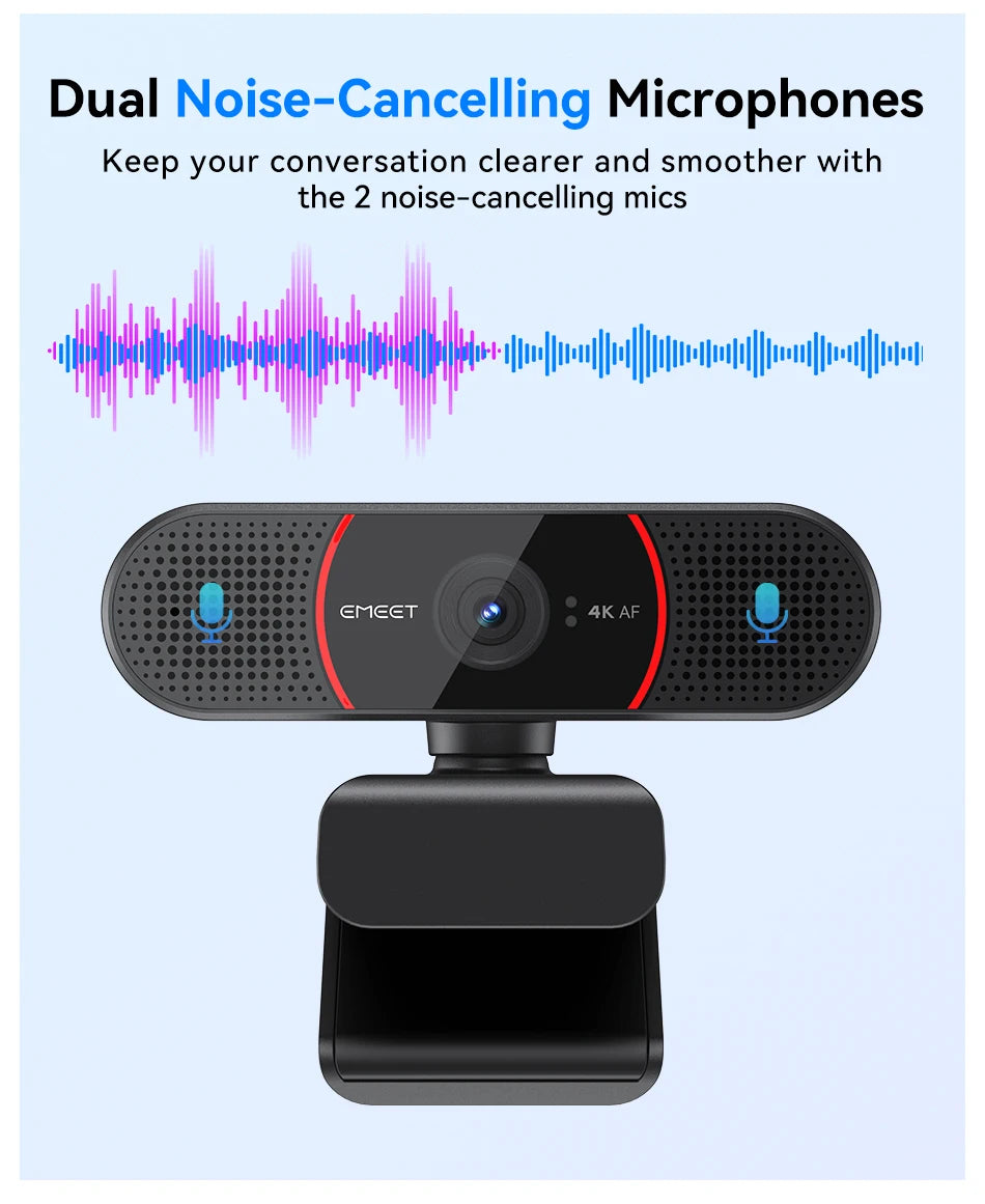 4K Autofocus Webcam with Dual Noise Cancelling Microphones