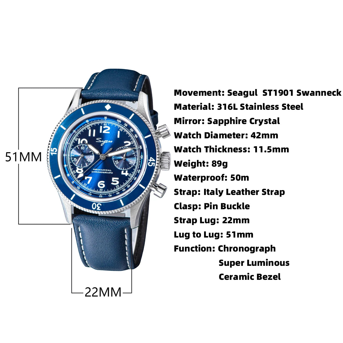 Mechanical Pilot Wristwatch with Luminous Blue Dial