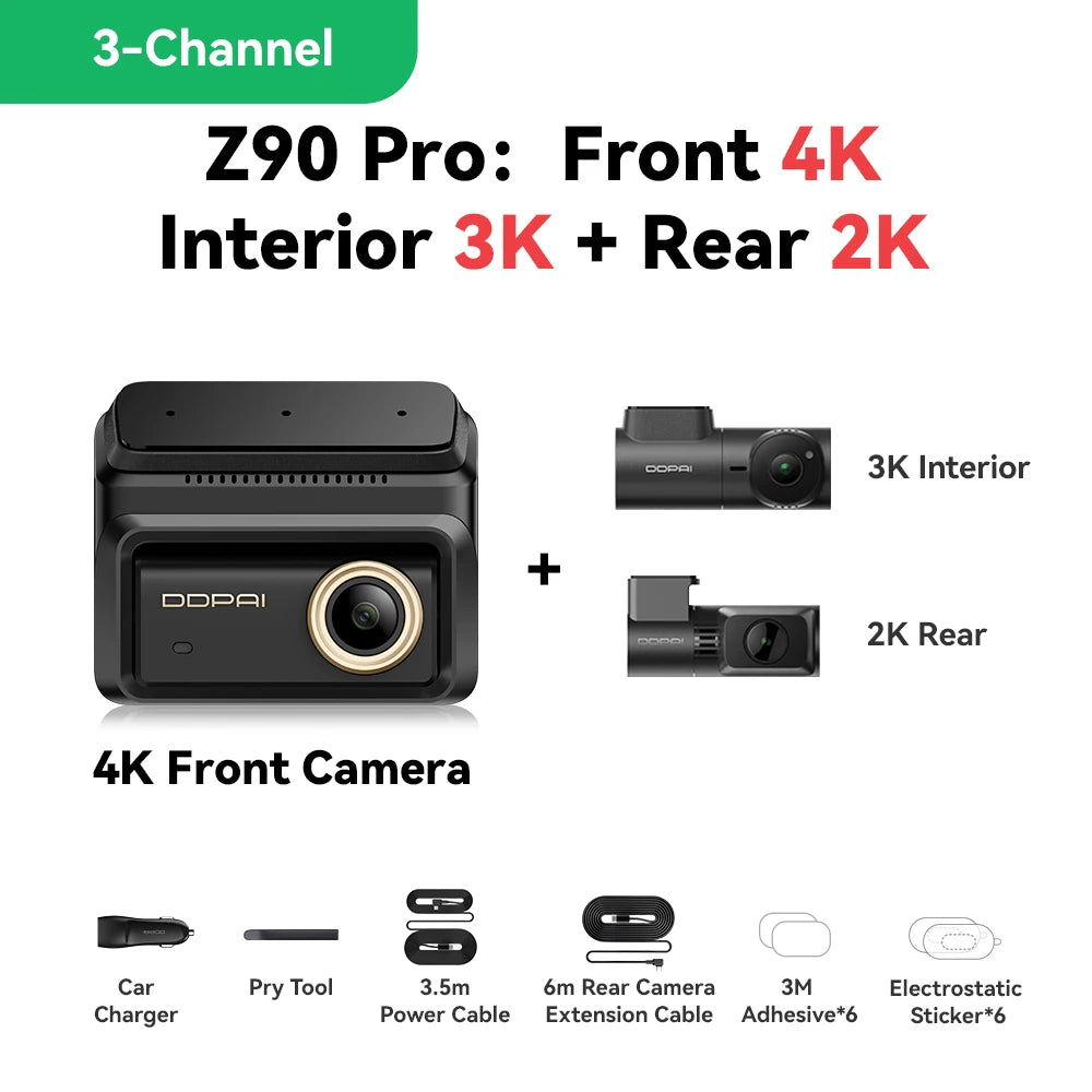 4K+2K Dual Dash Cam 3‑Channel 256GB SD