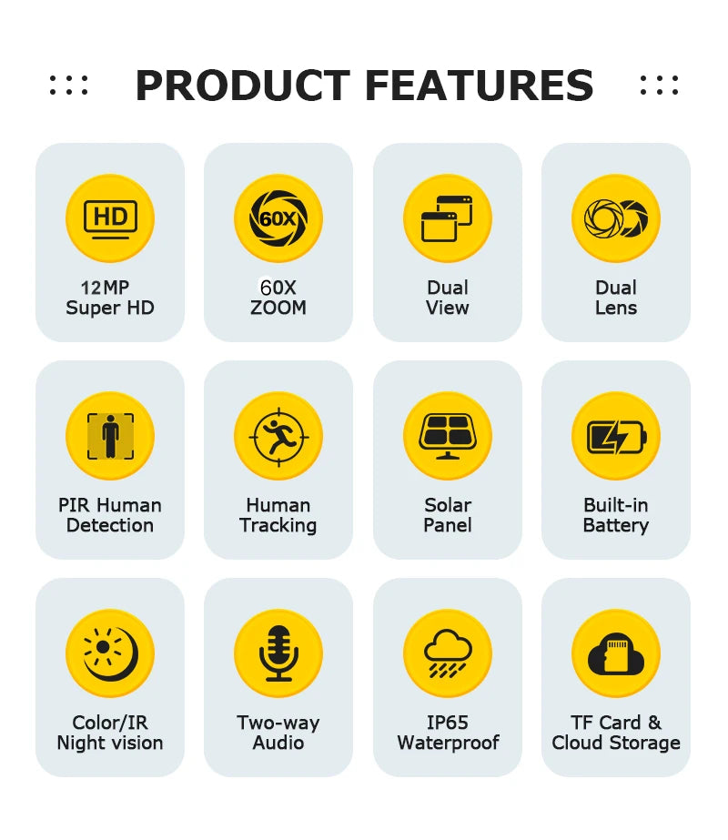 White 60X Zoom Dual-Lens WiFi Solar Security Camera 128GB