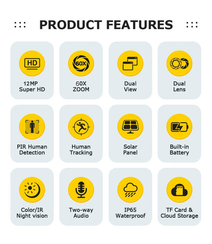 White 60X Zoom Dual-Lens WiFi Solar Security Camera 128GB