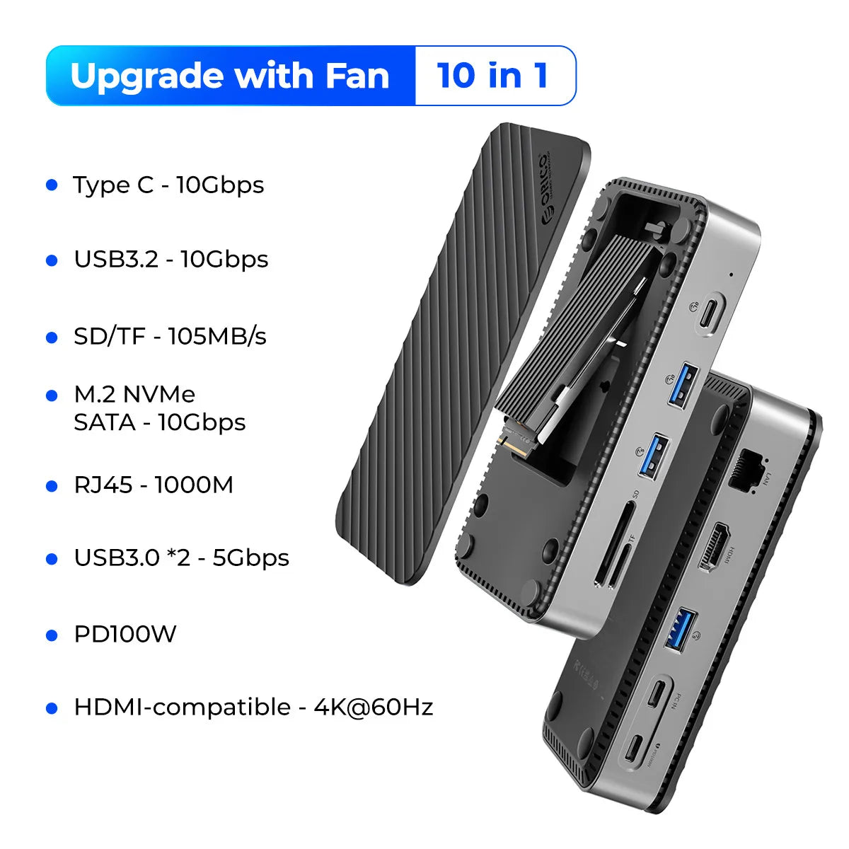ORICO External SSD Enclosure Dock with Built In Fan and Type-C Hub