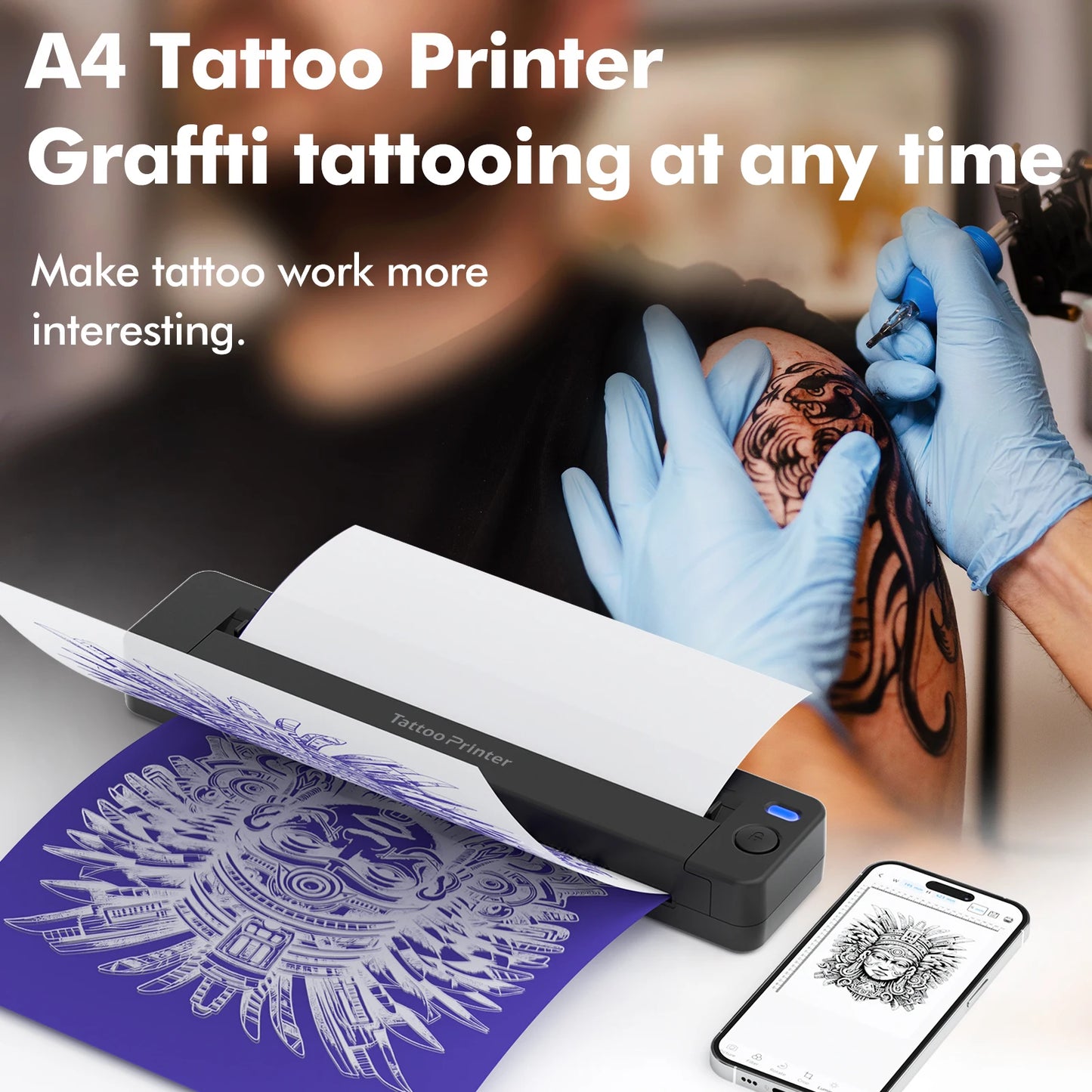 Compact A4 Tattoo Machine and Document Printer with 50 Sheets
