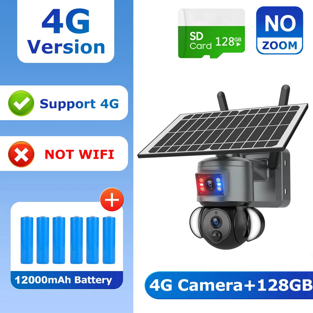4G Solar Security Camera 8MP 4K Outdoor PTZ 128GB