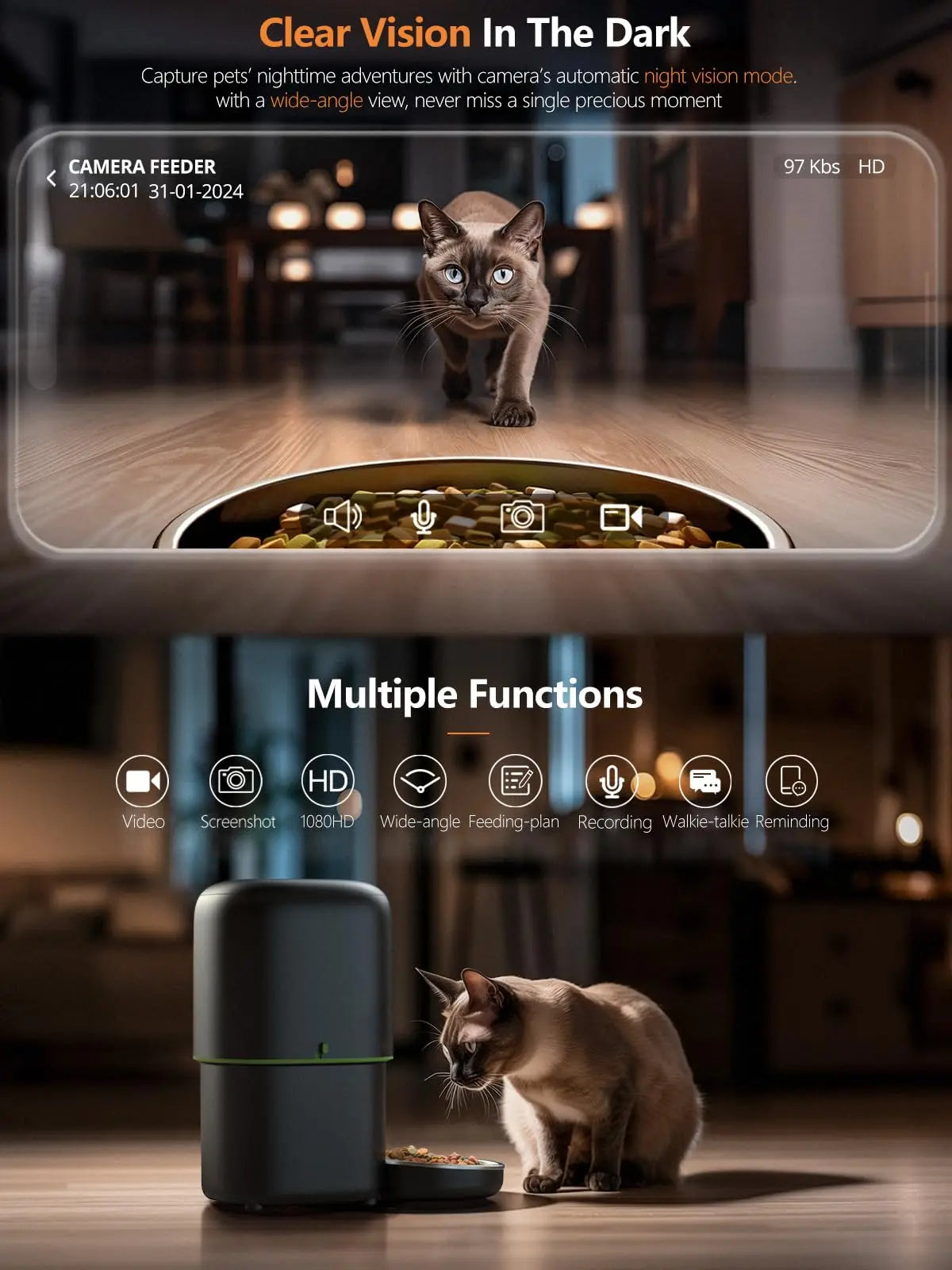 Smart Pet Feeder 2L with 1080p Camera