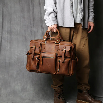 Retro Brown Leather Laptop Bag Large Capacity