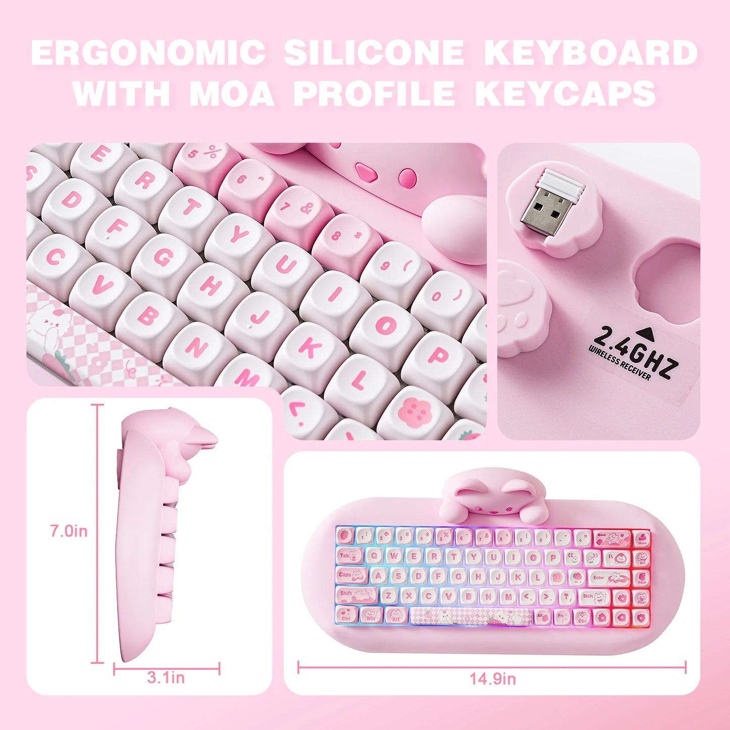 Cute Cat Wireless RGB Mechanical Gaming Keyboard Pink