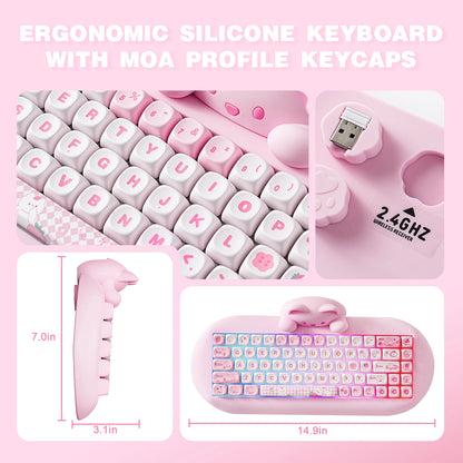 Cute Cat Wireless RGB Mechanical Gaming Keyboard Pink
