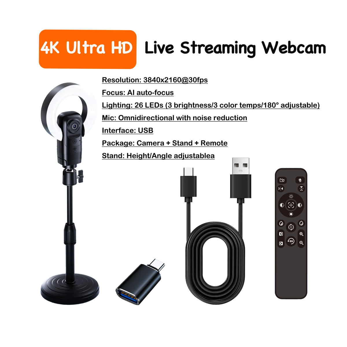 4K Streaming Webcam with AI Autofocus and Ring Light