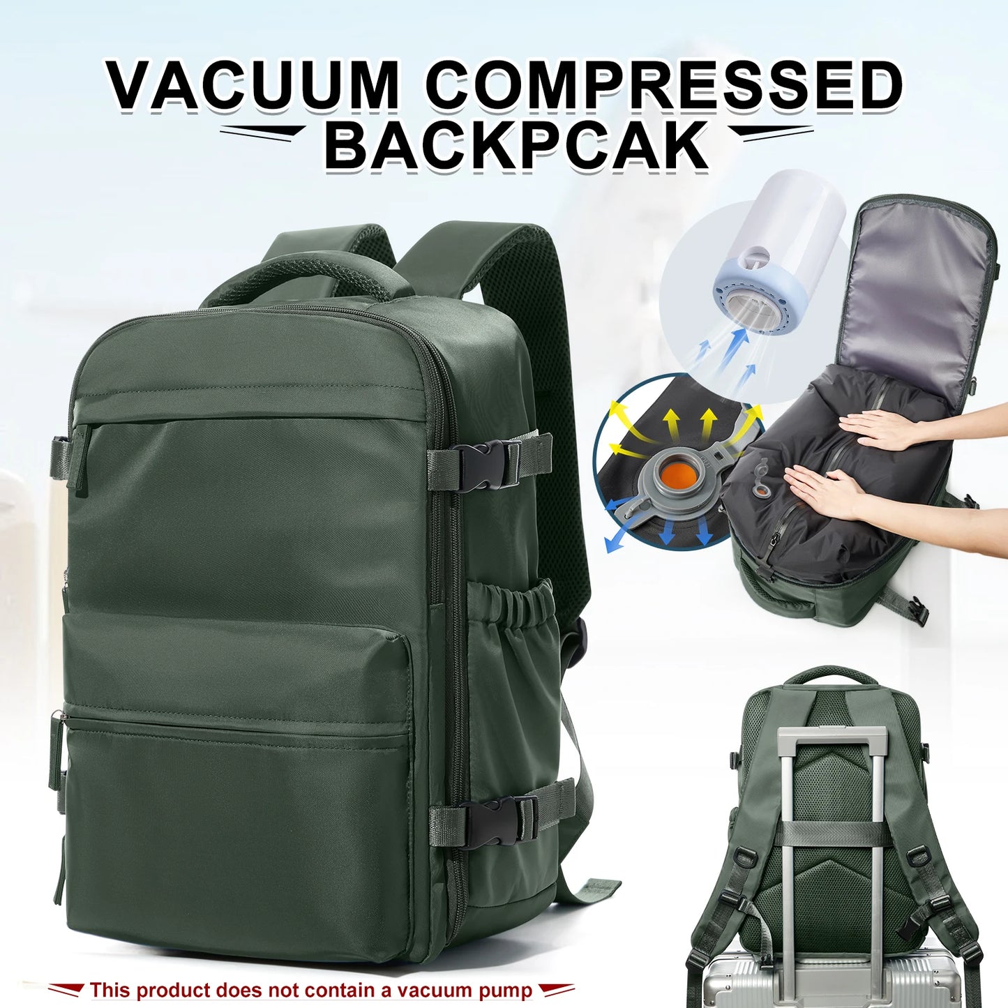 Lightweight Business Travel Backpack with Compression Straps Green