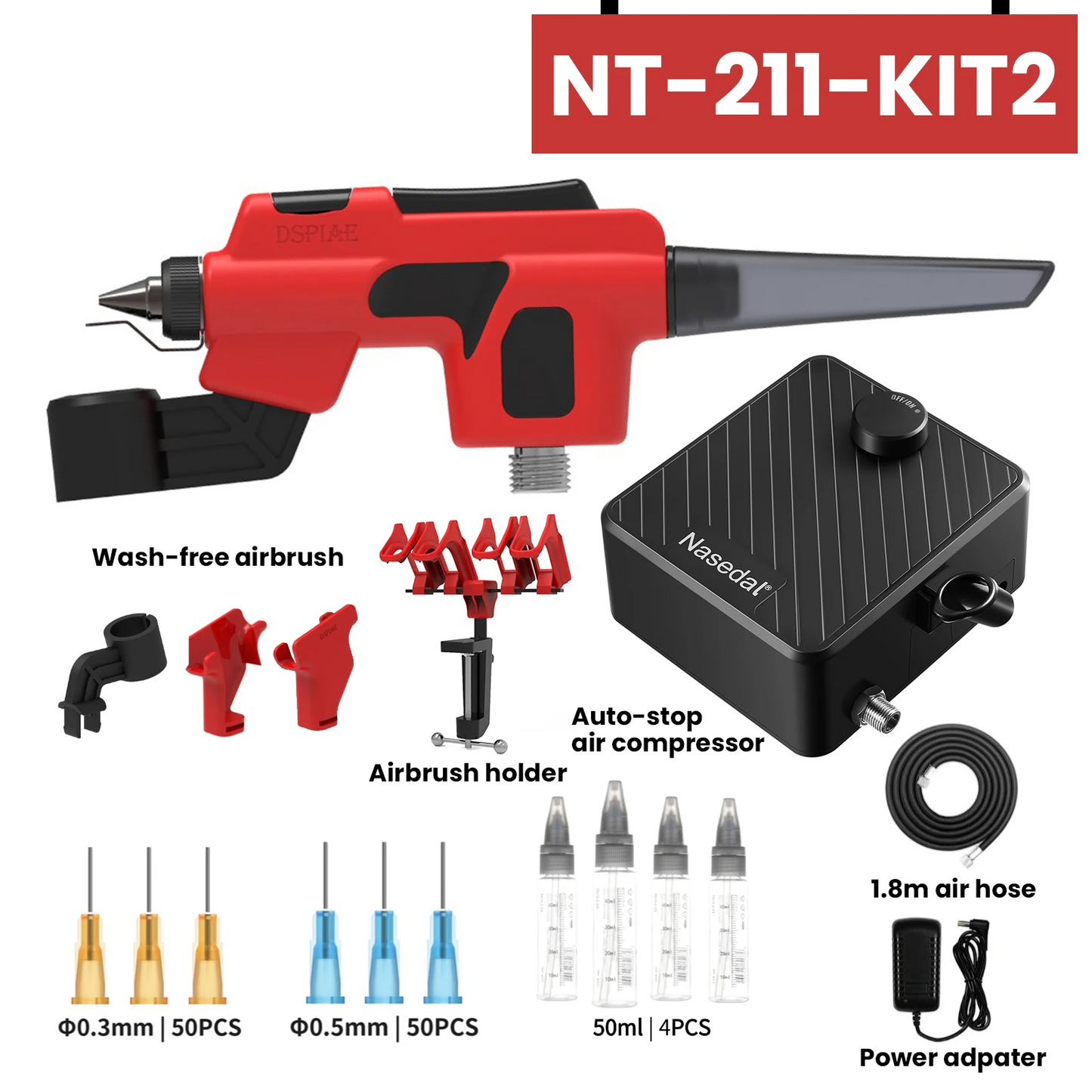 40PSI Wash-Free Airbrush Kit Auto-Stop Compressor 0.3mm