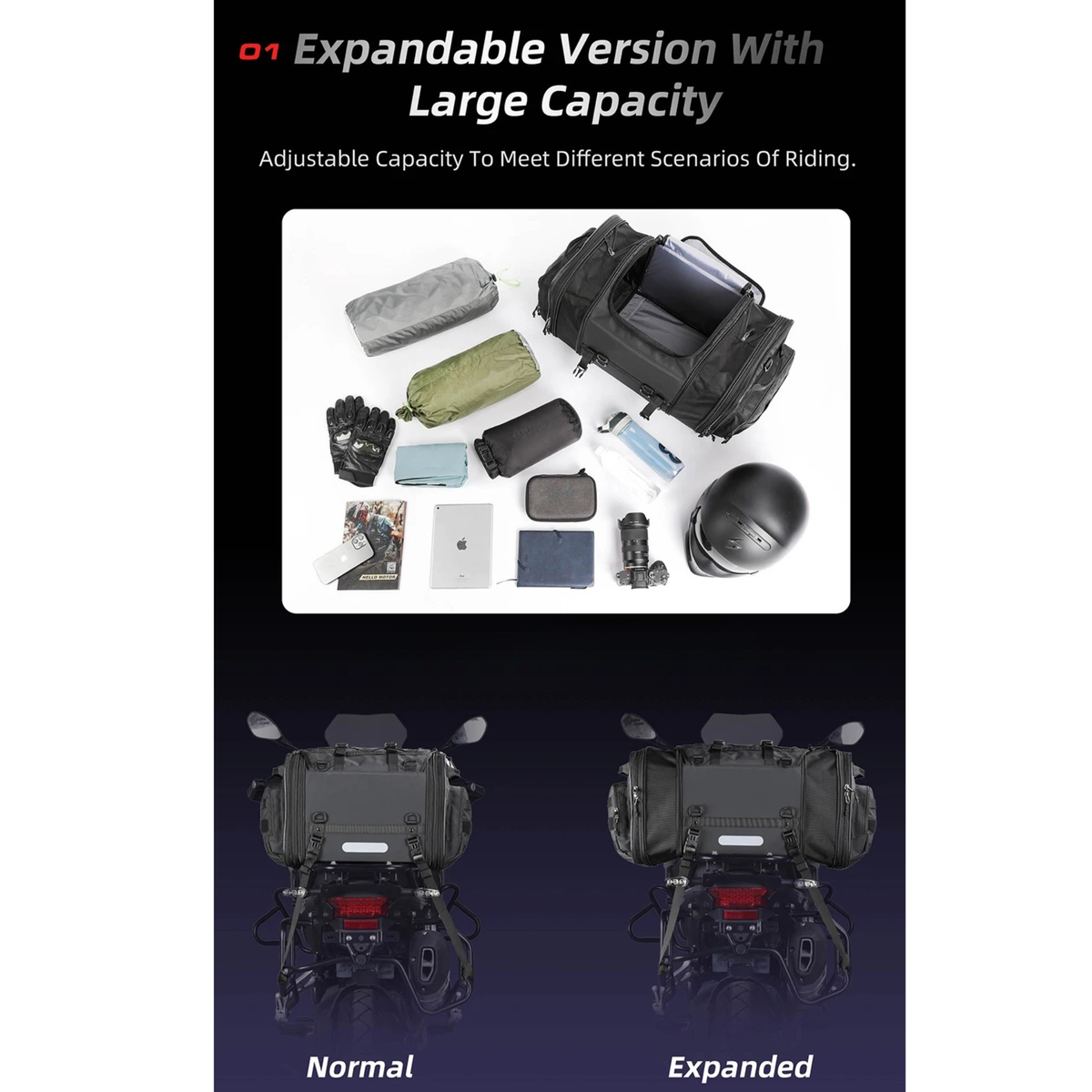 Heavy Duty 60–80L Expandable Motorcycle Tail Bag