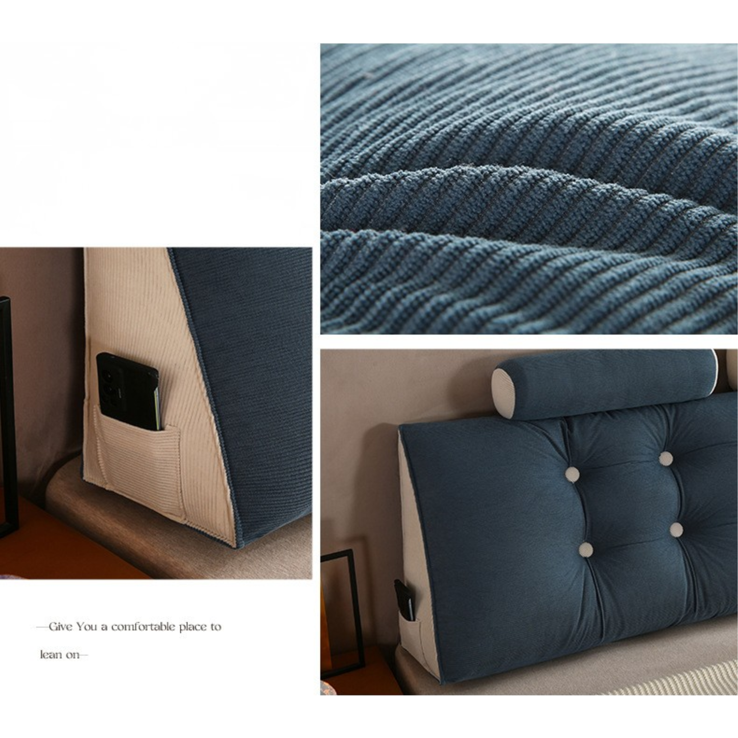 Blue Corduroy Triangle Headboard Pillow Backrest Cushion