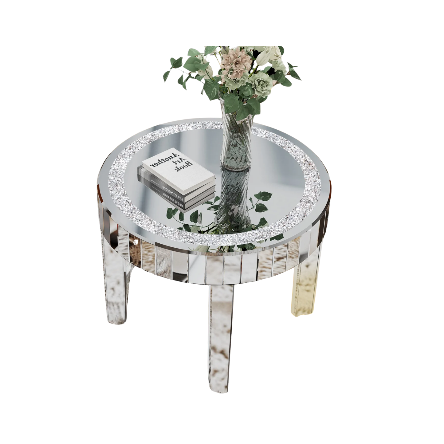 Round Mirrored Bedside Table Crystal Diamond Accent Side Table