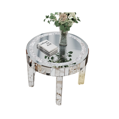 Round Mirrored Bedside Table Crystal Diamond Accent Side Table