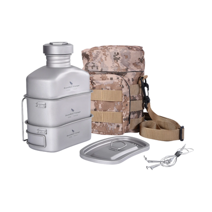 Titanium Camping Canteen Set Military Pot Pan Lid Chain